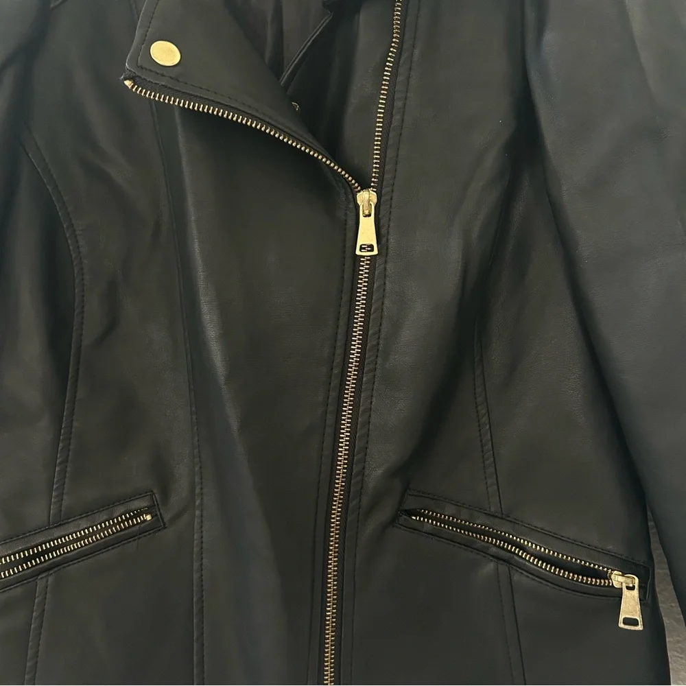 Women’s Moto Jacket Faux Black Leather Sz Medium Gold-Tone Zippers Bikercore